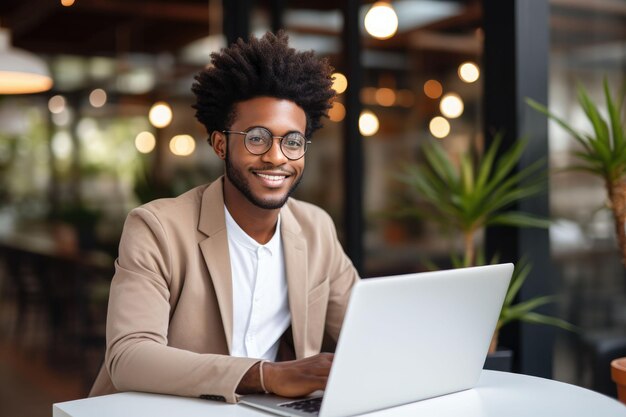 Jovem empresário preto usando laptop e sorrindo
