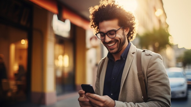 Jovem empresário profissional urbano usando smartphone Empresário segurando smartphone móvel usando aplicativo de mensagens de texto SMS mensagem ao ar livre