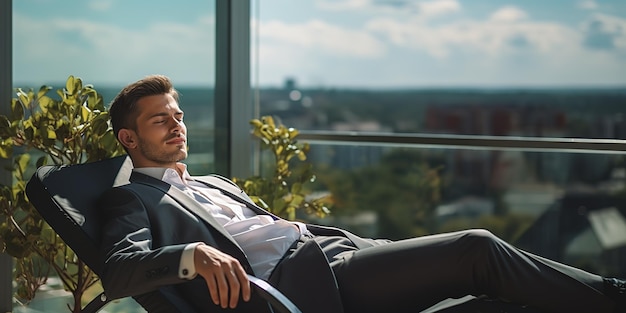 Jovem empresário relaxando em uma varanda deitada em uma cadeira de sol