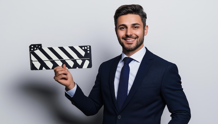 Foto jovem empresário segurando clapperboard isolado em fundo branco conceito de produção de hollywood s