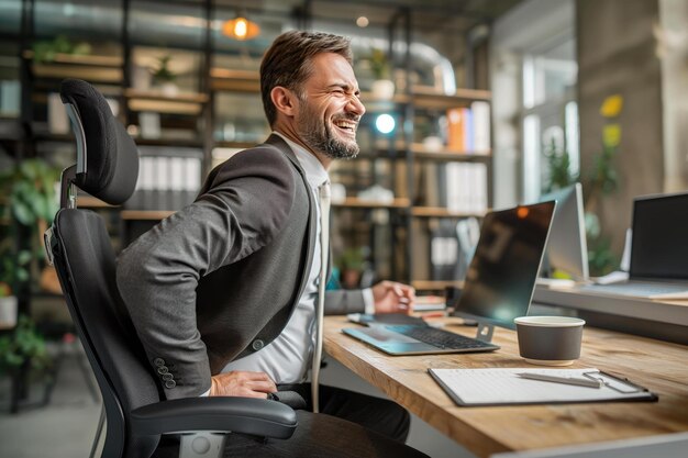 Jovem empresário sofrendo de dores nas costas em uma mesa de escritório moderna