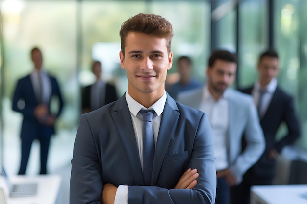 Jovem empresário sorri para a câmera no fundo do escritório desfocado