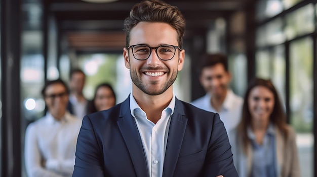 Jovem empresário sorridente em pé na frente da equipe sorrindo para a câmera Criado com tecnologia Generative AI