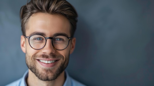 Jovem empresário sorridente usando óculos olhando para a câmera contra um fundo de parede cinza com espaço para copiar