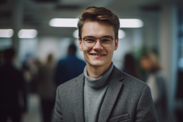 Foto jovem empresário sueco inteligente rosto sorridente em pé no fundo desfocado do escritório ocupado generative ai aig20