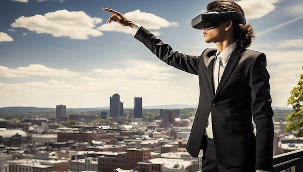 Foto jovem empresário usando óculos de realidade virtual sobre o fundo da paisagem urbana