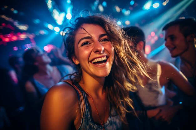 Foto jovem energética e amigos dançando com ritmos eletrônicos abraçando a vida noturna