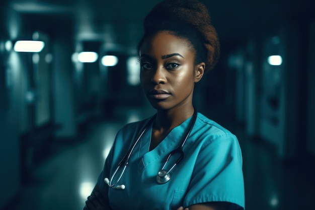 Jovem enfermeira africana confiante usa luvas de máscara facial uniforme azul em pé, braços cruzados