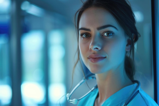 Jovem enfermeira usando equipamento médico moderno