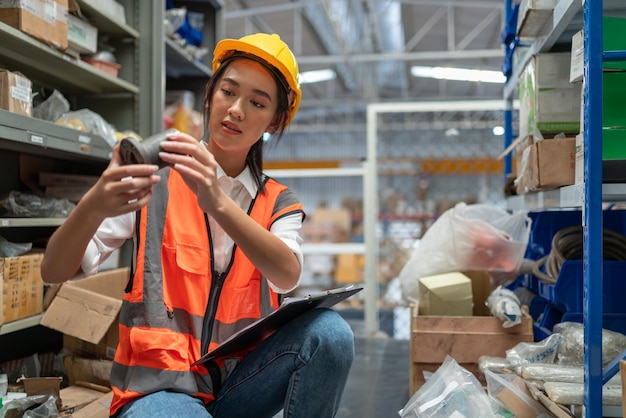 Foto jovem engenheira asiática verificando peças sobressalentes de produtos na prateleira do armazém da fábrica da indústria