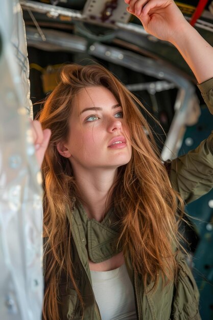 Foto jovem engenheira de aviação que inspeciona o interior de aeronaves, profissional focada no hangar