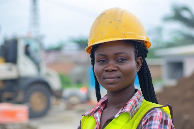 Jovem engenheira de construção africana no trabalho com capacete de segurança e colete de fundo