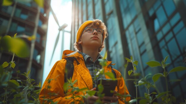 Jovem engenheiro especialista segurando um modelo de turbina eólica e um smartphone em grande ângulo de vista inferior Hipster estudante adolescente trabalhando em um projeto de ecologia