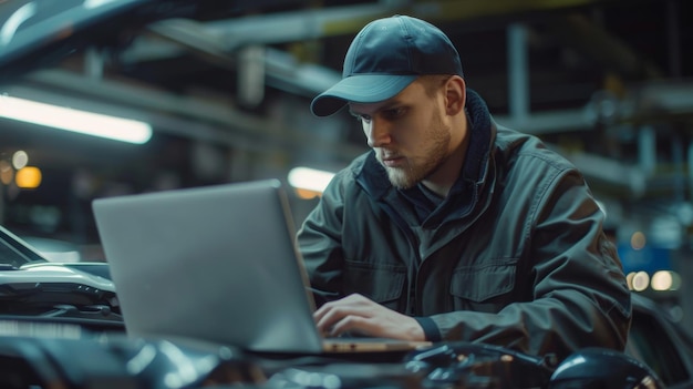 Jovem engenheiro olha sob o capô do veículo para os detalhes do veículo de inspeção em um centro de serviço de reparação de automóveis usando um computador portátil