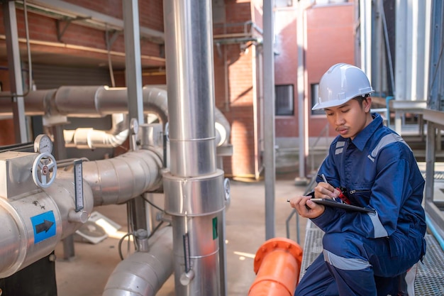 Jovem engenheiro trabalhando em grande fábricaTécnico em uniforme de proteção e com capacete de segurança, verificando a temperatura nos tubos