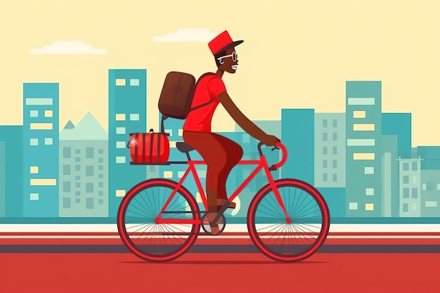 Jovem entregador afro em bicicleta ilustração plana AI Gerado