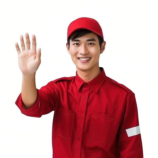 Jovem entregador asiático de uniforme vermelho sorrindo e acenando