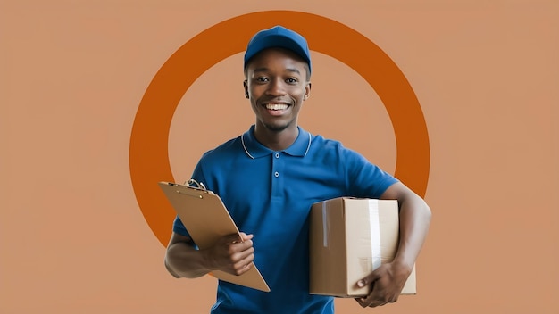 Foto jovem entregador vestindo camisa de polo azul e boné de pé com caixa de papelão e lookin clipboard