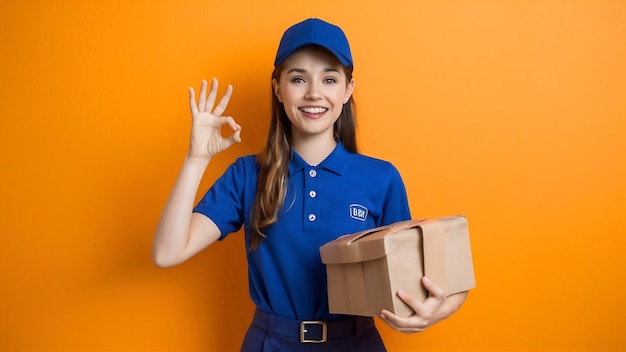 Jovem entregadora de uniforme azul e boné a rir e a mostrar um sinal de "ok" de pé sobre uma parede laranja.