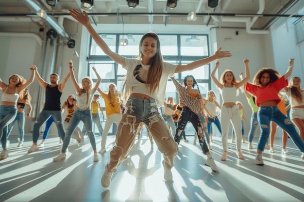 Foto jovem equipe de dança hip hop em estúdio moderno ensaiando coreografia