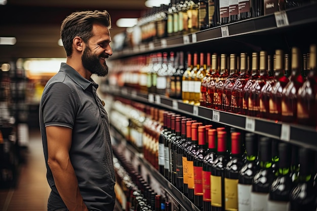 Jovem escolhendo vinho da prateleira de bebidas alcoólicas no supermercado com garrafas em foco e o fundo desfocado IA generativa