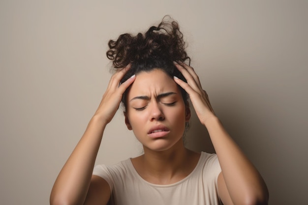 Jovem estressada, sofrendo de dor de cabeça e depressão