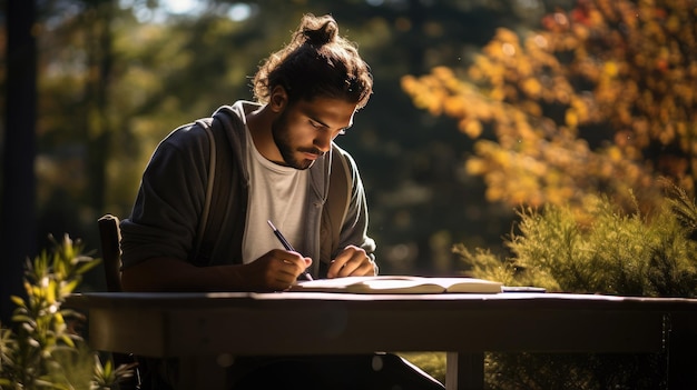 Jovem estudando em um ambiente tranquilo ao ar livre