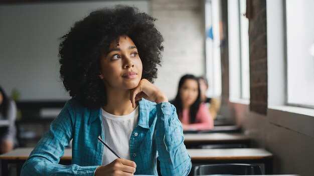 Foto jovem estudante a pensar numa ideia.