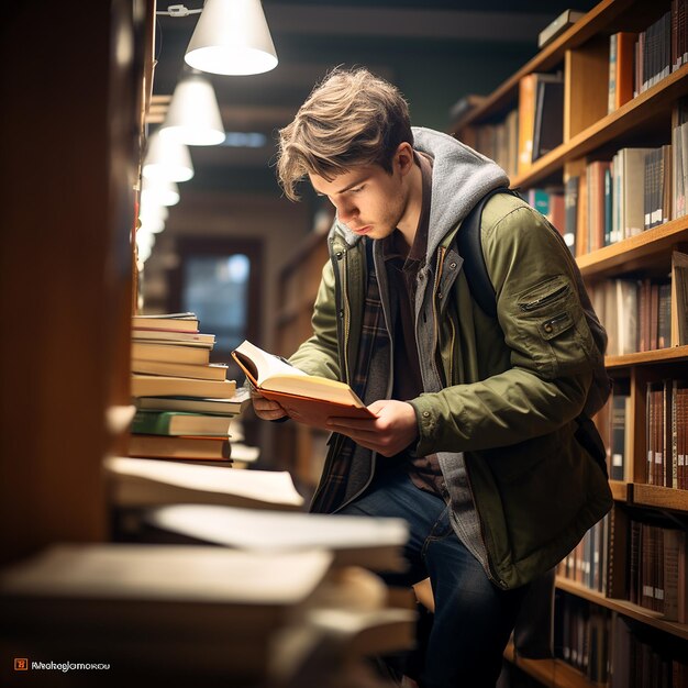 Foto jovem estudante à procura de um livro na biblioteca