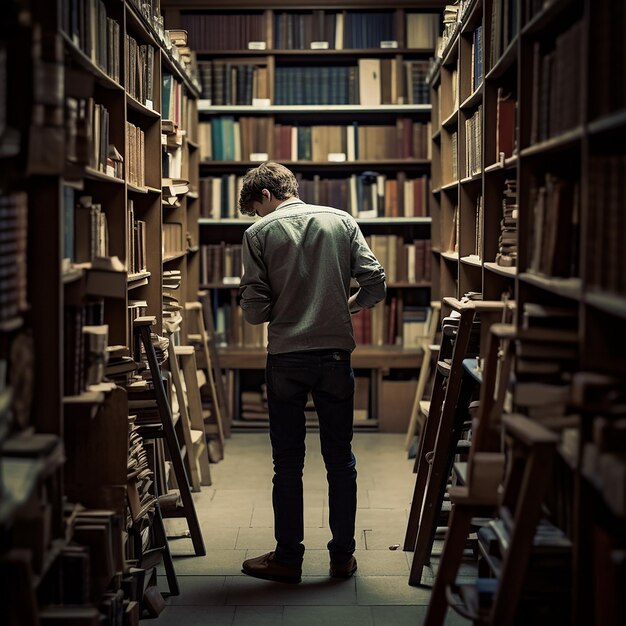 Foto jovem estudante à procura de um livro na biblioteca