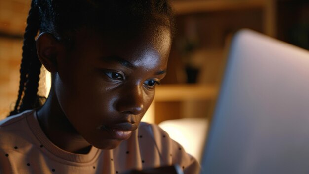 Jovem estudante absorto em estudar em um laptop à noite refletindo dedicação e foco