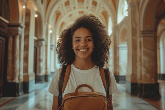 Foto jovem estudante afro-americana na faculdade