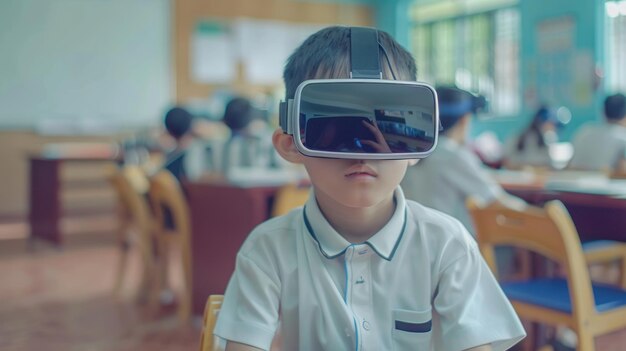 Jovem estudante asiático explorando o mundo da realidade virtual na sala de aula