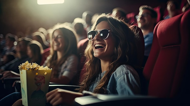 Jovem estudante assistindo filme de estreia de cinema se diverte