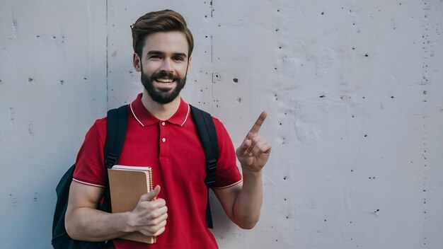 Foto jovem estudante barbudo de camisa polo vermelha com mochila segurando cadernos olhando para a câmera feliz