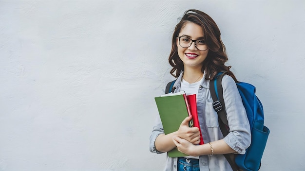 Jovem estudante bonita com mochila e livros de exercícios isolados na parede branca