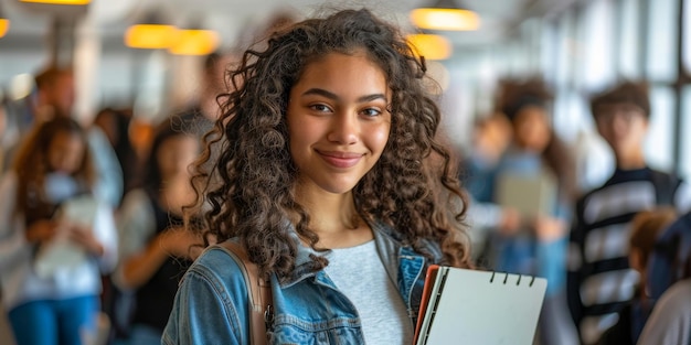 Foto jovem estudante confiante sorrindo no movimentado corredor da faculdade