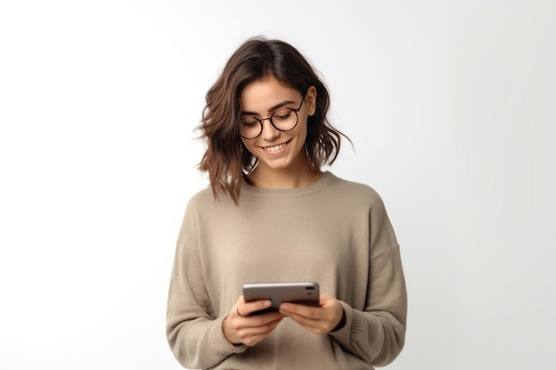 Jovem estudante de óculos lendo um livro segurando um tablet em fundo branco Uma adolescente sorridente lê uma mensagem na rede social usando um smartphone Aplicativos de aprendizagem eletrônica Anúncio de IA gerativa