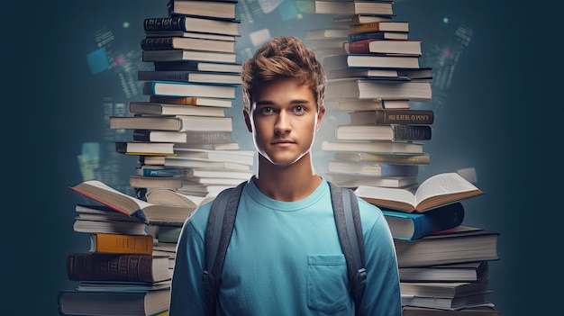 Jovem estudante do sexo masculino com livros sobre fundo claro, ideia de volta às aulas