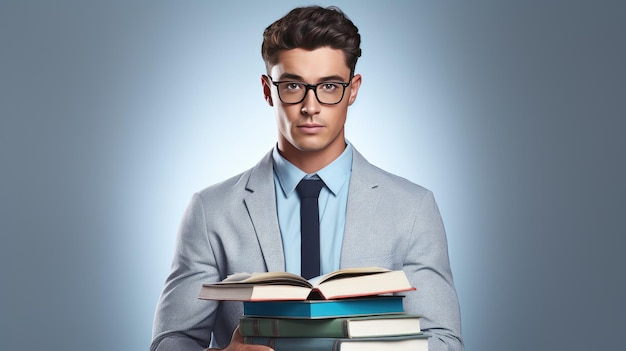 Jovem estudante do sexo masculino com livros sobre fundo claro, ideia de volta às aulas