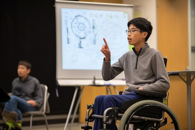 Jovem estudante em cadeira de rodas na sala de aula IA generativa
