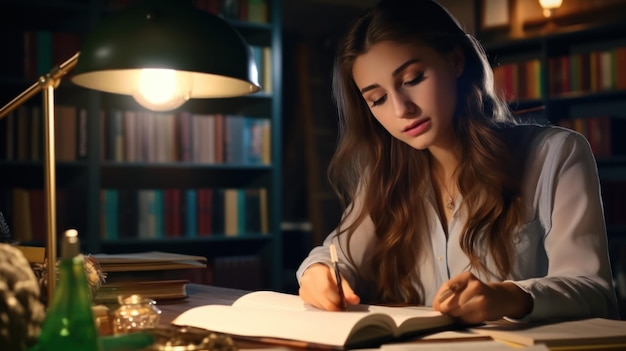 Jovem estudante estudando em preparação para exames à noite em sua mesa de estudo