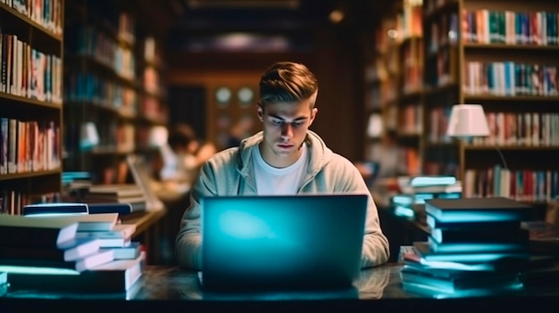Jovem estudante estudando na biblioteca da escola Ele usando laptop e aprendendo on-line IA generativa