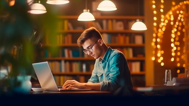 Jovem estudante estudando na biblioteca da escola ele usando laptop e aprendendo on-line ia generativa