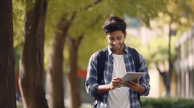 Jovem estudante indiano usando telefone celular de pé na rua com livros na mão