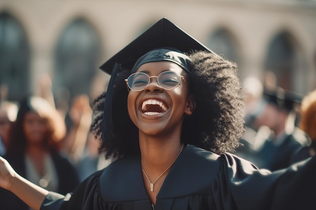 Jovem estudante negra feliz e entusiasmada com um vestido de formatura preto e boné a celebrar a sua formatura