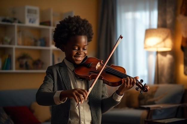 Jovem estudante negro tocando violino na sala generativa ai