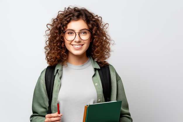 Foto jovem estudante rizada usando óculos e mochila