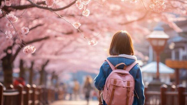 Jovem estudante sob flores de cerejeira vibrante primavera