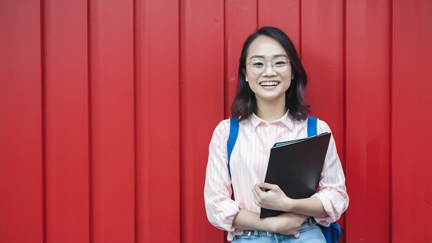 Jovem estudante sorridente ou estagiário de óculos de pé com uma pasta na parede vermelha